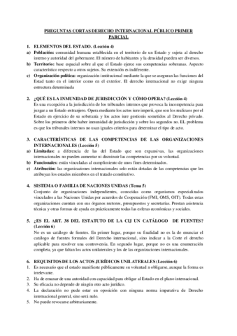 PREGUNTAS CORTAS DERECHO INTERNACIONAL PUBLICO PRIMER PARCIAL Pdf