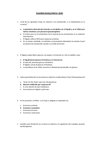 EXAMEN BIOQUIMICA 2020 Pdf