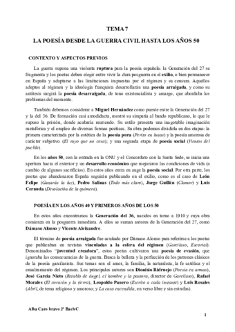 TEMA 7 POESIA DESDE LA GUERRA CIVIL HASTA LOS ANOS 50 Pdf