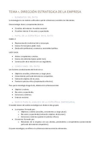 TEMA 1 DIRECCIÓN ESTRATEGICA DE LA EMPRESA ESQUEMA pdf