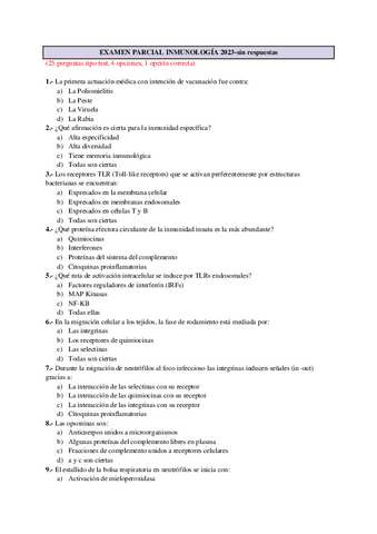 EXAMEN PARCIAL INMUNOLOGIA 2023 Sin Respuestas Pdf