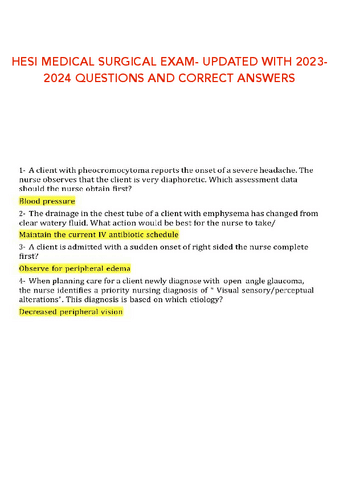 Hesi Medical Surgical Exam Updated With Questions And Correct