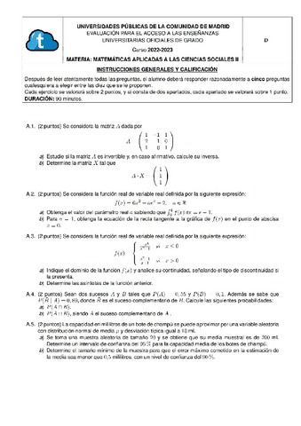 Examen Matematicas CCSS Selectividad Junio 2023 Pdf