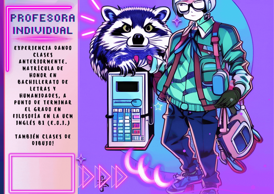 CLASES PARTICULARES
Se ofrece profe.
Experiencia dando clases anteriormente.
Matrícula de honor en Bachillerato de Letras y Humanidades, Grado en Filosofía en la UCM.
Dejo enlace a mi LinkedIn por si estuvierais interesados en analizar más a fondo la formación que he recibido o como método de contacto.