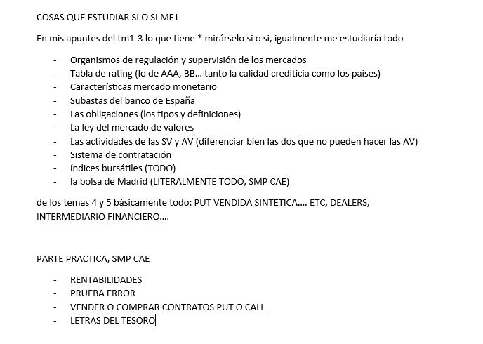 He subido los temas de Mercados del 1-3 faltan el 4 y 5 que esos me los miré en wuolah (tienen en la parte superior derecha: Mercados financieros 1 apuntes curso 2019-2020)
Consejis: mirarse muy bien la parte teórica. Os dejo las cosas que siempre suelen repetirse (pero de Ricardo no os confiéis que de un día a otro varía, estudiaros todo