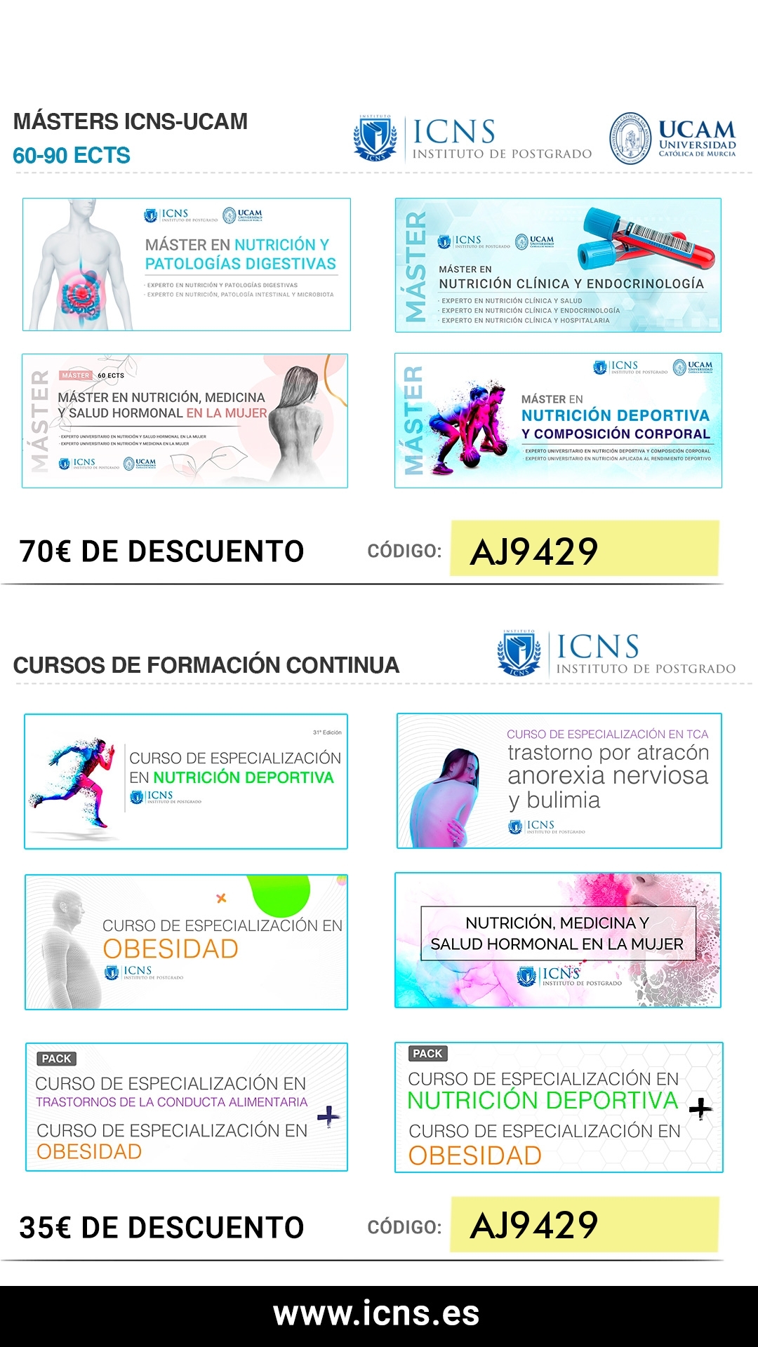 Estimados/as compañeros/as de profesión. Quería comentaros que recientemente realicé un curso de Nutrición deportiva con el equipo de ICNS y me encantó. Por si os interesa, os deja mi código promocional con el que se os aplicará un pequeño descuento si hacéis algún curso o máster (AJ9429). Espero que os sirva y os ayude. ¡Arriba la nutri!