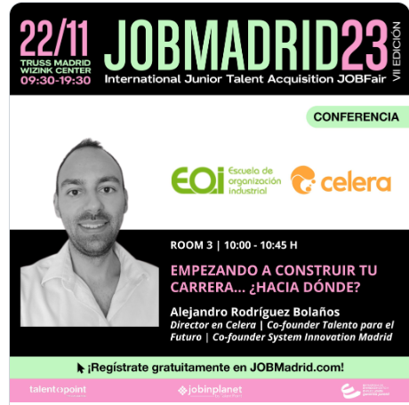 Si el 22 de Noviembre tienes un ratito y quieres conocernos, estamos en Jobmadrid23 con un stand donde podremos contarte en primera persona todo lo que te interese saber de nuestra Escuela y de Nuestros Programas. Además puedes participar en nuestro taller "EMPEZANDO A CONSTRUIR TU CARRERA... ¿HACIA DÓNDE?"