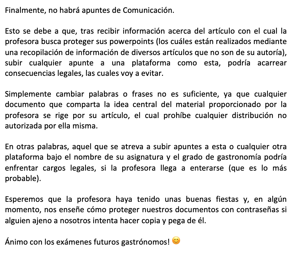 NO HABRÁN APUNTES DE COMUNICACIÓN