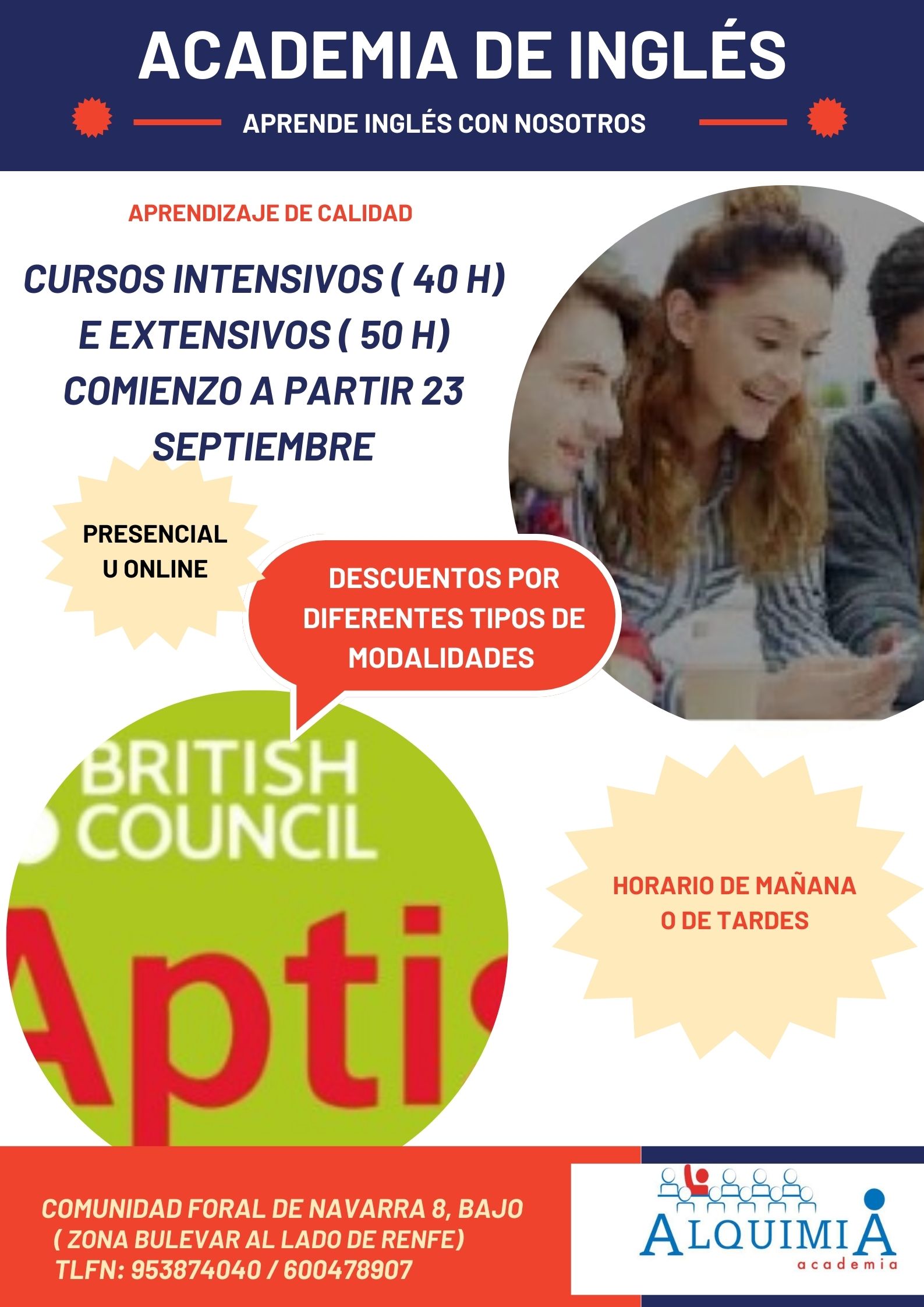 Comenzamos con nuestros cursos de Aptis a partir del próximo 23 de septiembre. Cursos prácticamente todos los meses. Grupos reducidos de 3 a 9 alumnos por grupo.
Y además como estamos de aniversario promociones si vienes con uno o dos amigos mas . Infórmate