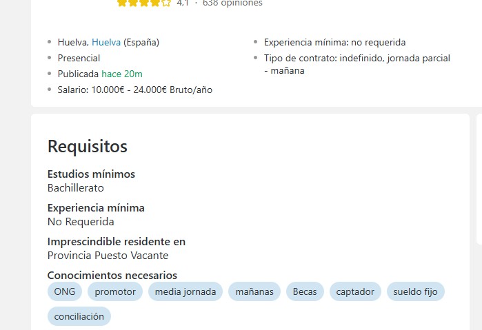 Media jornada de mañanas con sueldo fijo de 800€ + incentivos PROMOTOR/A ONG.