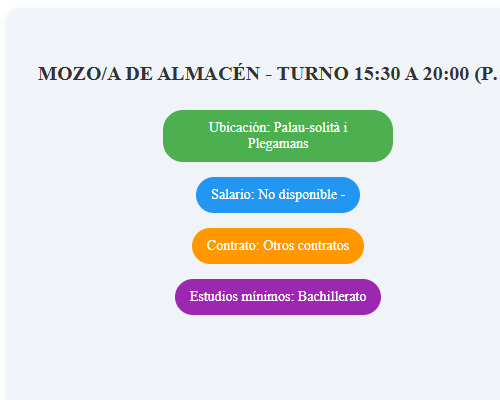 MOZO/A DE ALMACÉN - TURNO 15:30 A 20:00 (PALAU SOLITA I PLEGAMANS)