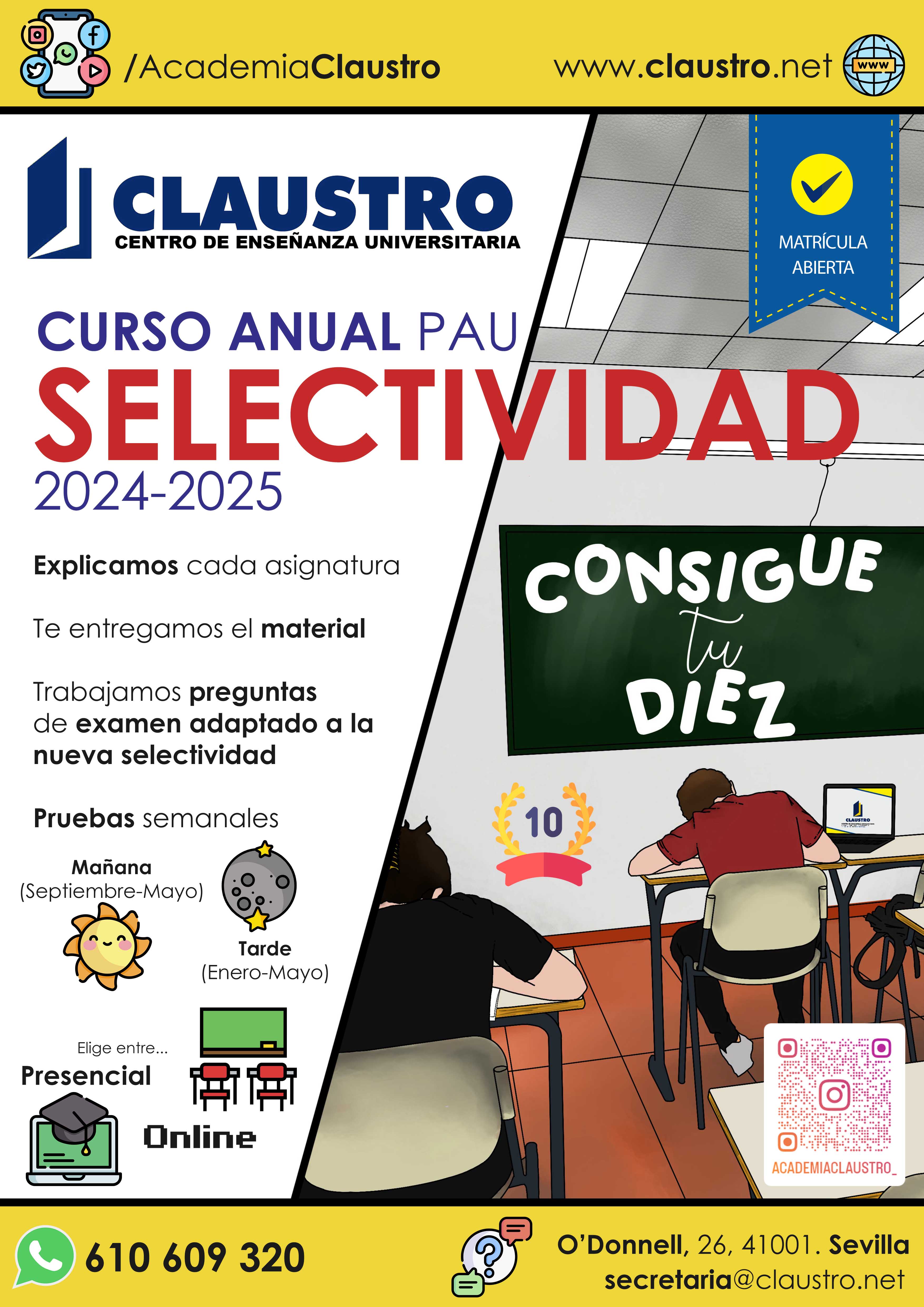 ¡Nuevo curso de preparación de Selectividad!
Para todas las asignaturas. Horarios de tarde! Compatibilízalo con tus clases de instituto o grado. 
Más información en el link.
