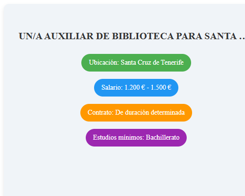 UN/A AUXILIAR DE BIBLIOTECA PARA SANTA CRUZ DE TENERIFE