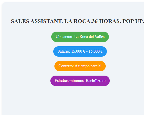 SALES ASSISTANT. LA ROCA.36 HORAS. POP UP TEMPORADA REBAJAS 25