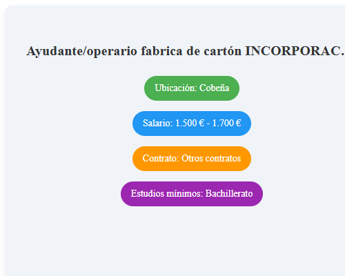 Ayudante/operario fabrica de cartón INCORPORACION INMEDIATA