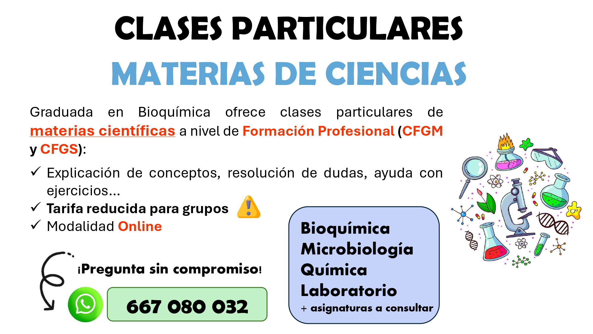 Hola! Soy graduada en Bioquímica y especializada en Ciencia de los Alimentos. Con un expediente académico de matrícula de honor.

Cuento con experiencia en laboratorio de investigación y rutinario.

Ofrezco clases particulares, ayuda con trabajos, resolución de dudas, etc.

Podéis preguntar sin compromiso