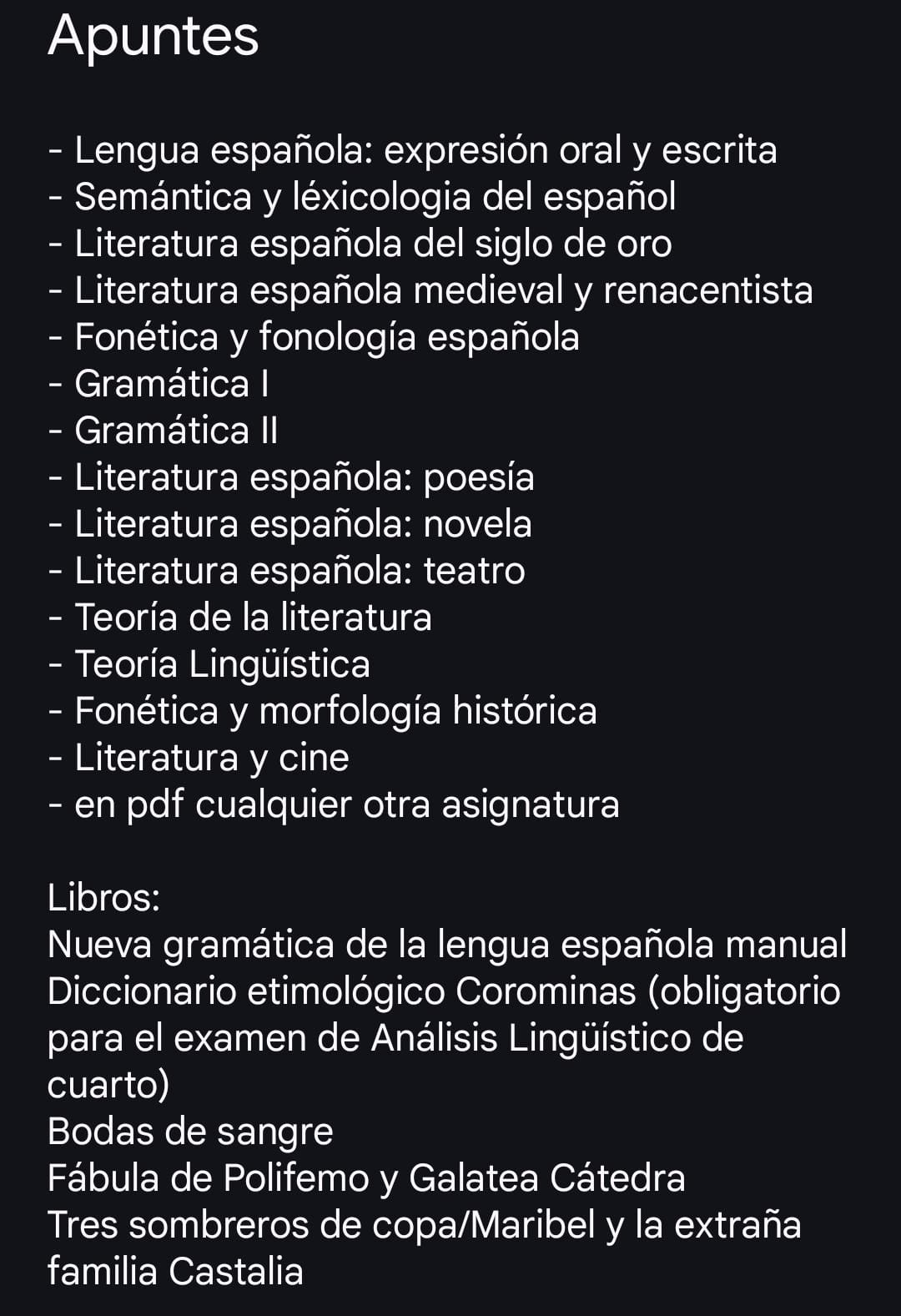 Hola! Acabo de terminar la carrera y vendo algunos apuntes que tengo tanto impresos y encuadernados en físico (que me da pena tirar) como en pdf de muchas asignaturas de toda la carrera y muchos libros y manuales que se requiere tener. Voy a adjuntar la foto con el listado de apuntes y libros que vendo, los interesados que me manden un mensaje aquí por wuolah o me escriban por instagram @jennifer.ilacqua. Precios negociables :)