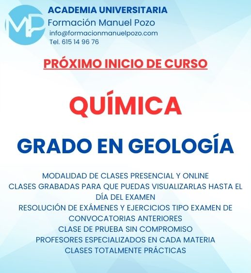 INICIO DE CURSO QUÍMICA
ACADEMIA UNIVERSITARIA FORMACIÓN MANUEL POZO
Clases modalidad online y presencial.
Todas tus CLASES GRABADAS PARA QUE PUEDAS VISUALIZARLAS HASTA EL DÍA DEL EXAMEN
Resolución de todos tus ejercicios y exámenes de convocatorias anteriores.
Profesores especialidados y temario propio.
Acceso a PLATAFORMA VIRTUAL CON CONTENIDO EXCLUSIVO
¡Solicita tu clase de prueba en grupo sin compromiso!