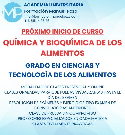 INICIO DE CURSO BASES QUÍMICAS DE LA BIOLOGÍA
ACADEMIA UNIVERSITARIA FORMACIÓN MANUEL POZO
Clases modalidad online y presencial.
Todas tus CLASES GRABADAS PARA QUE PUEDAS VISUALIZARLAS HASTA EL DÍA DEL EXAMEN
Resolución de todos tus ejercicios y exámenes de convocatorias anteriores.
Profesores especialidados y temario propio.
Acceso a PLATAFORMA VIRTUAL CON CONTENIDO EXCLUSIVO
¡Solicita tu clase de prueba en grupo sin compromiso!
