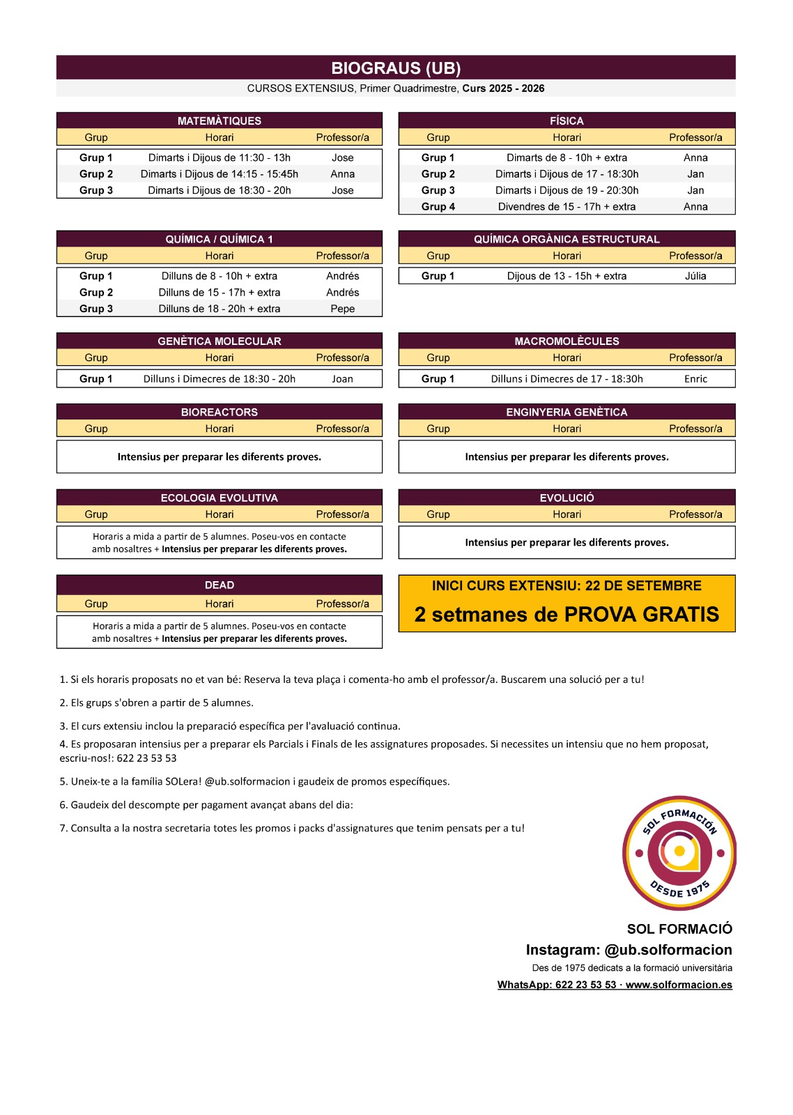 SOL FORMACIÓ: 🎓 Comencem el curs amb tu!
Des de l’acadèmia volem acompanyar-te durant tot el quadrimestre perquè treguis el màxim rendiment.
Ja tenim a punt els horaris dels cursos extensius, que comencen el 22 de setembre.
👉 Disposes de dues setmanes de prova gratuïta i sense compromís per conèixer el nostre equip i mètode.
🪑 Places limitades – Reserva la teva ja!
📣 Recomana’ns als teus companys i aprofita la Promo Amig@.
📲 Segueix-nos a xarxes per estar al dia de les promocions i novetats del nostre 50è aniversari: @ub.solformacion
