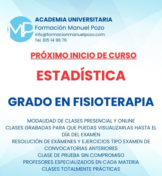 INICIO DE CURSO ESTADÍSTICA
ACADEMIA UNIVERSITARIA FORMACIÓN MANUEL POZO
Clases modalidad online y presencial.
Todas tus CLASES GRABADAS PARA QUE PUEDAS VISUALIZARLAS HASTA EL DÍA DEL EXAMEN
Resolución de todos tus ejercicios y exámenes de convocatorias anteriores.
Profesores especialidados y temario propio.
Acceso a PLATAFORMA VIRTUAL CON CONTENIDO EXCLUSIVO
¡Solicita tu clase de prueba en grupo sin compromiso!