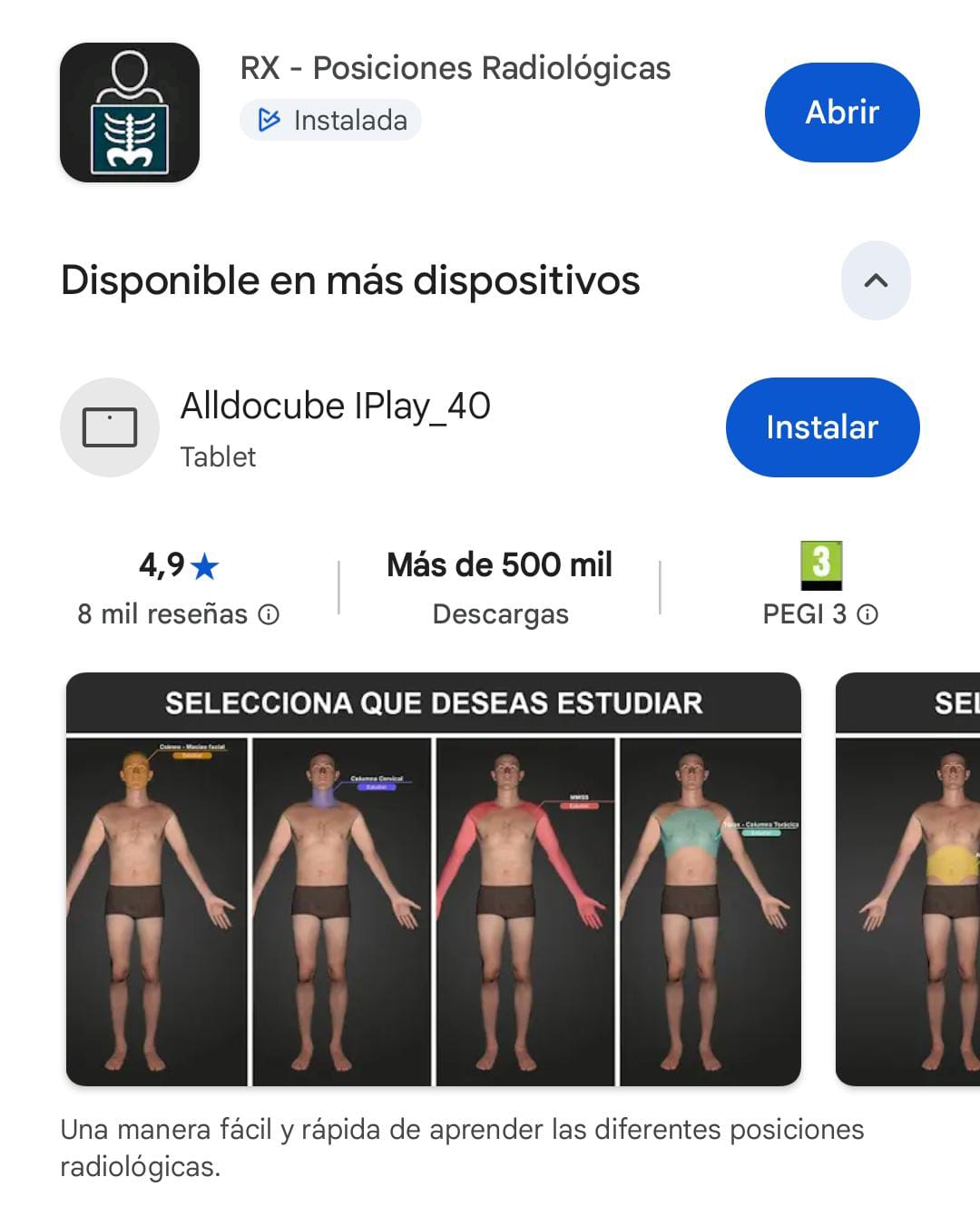 Recomiendo esta aplicación para estudiar radiología simple. Hay gran cantidad de radiografías de todo el cuerpo. Además de la posición del paciente, explicación del estudio, parámetros...