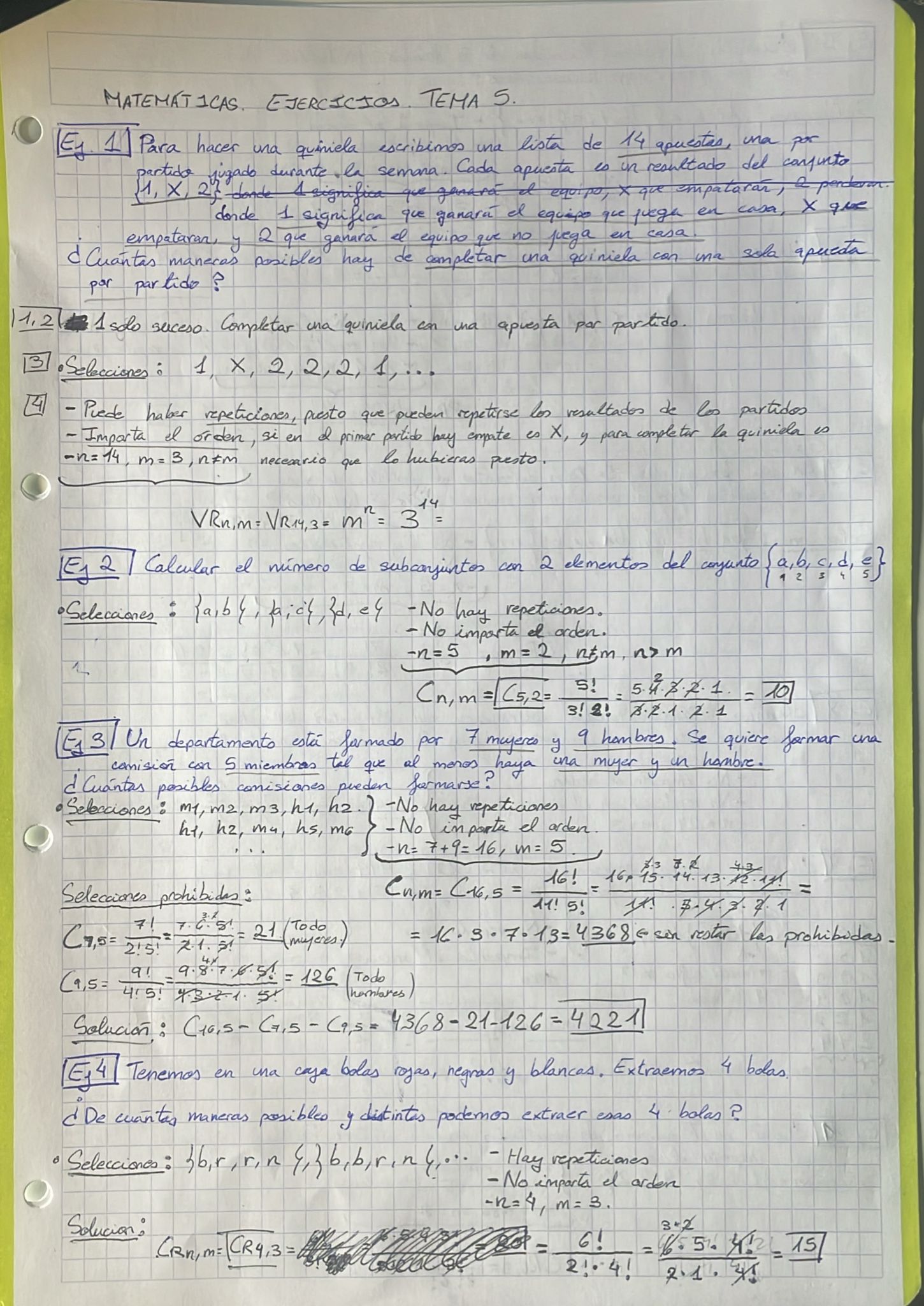Soluciones Ejercicios Matemáticas Tema 5 Combinatoria