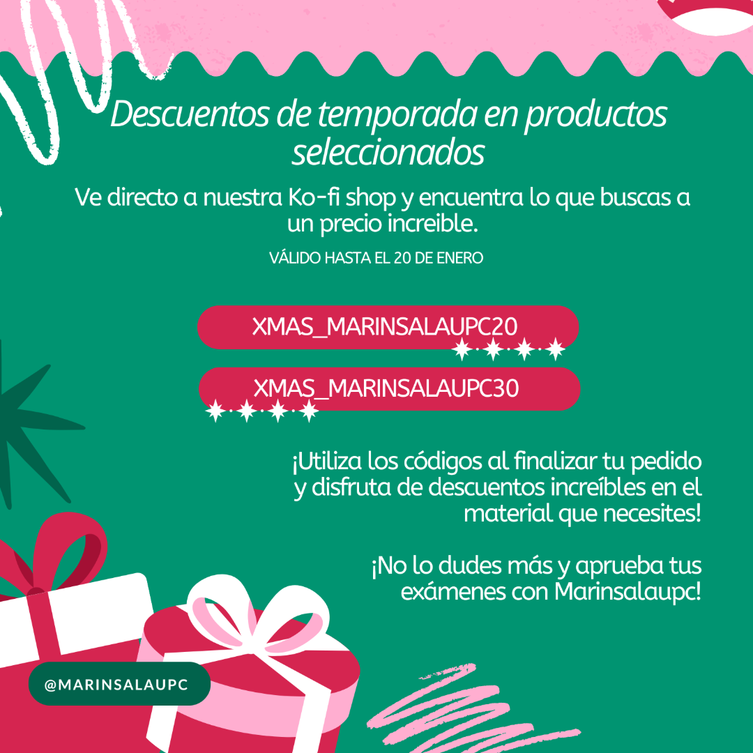 🚀 ¡OFERTA NAVIDAD! 30% OFF en Apuntes Premium
¿Quieres el temario completo al precio más bajo? Solo por tiempo limitado, usa estos códigos en nuestra web de Ko-fi y desbloquea tu aprobado:

🎁 30% DTO en PACKS: Código XMAS_MARINSALAUPC30

📚 20% DTO en TEMAS SUELTOS: Código XMAS_MARINSALAUPC20

⚠️ Promoción válida solo durante las fiestas. ¡No esperes a enero y ahorra ahora!

👉 ACCEDE AQUÍ: https://ko-fi.com/marinsalaupc/shop