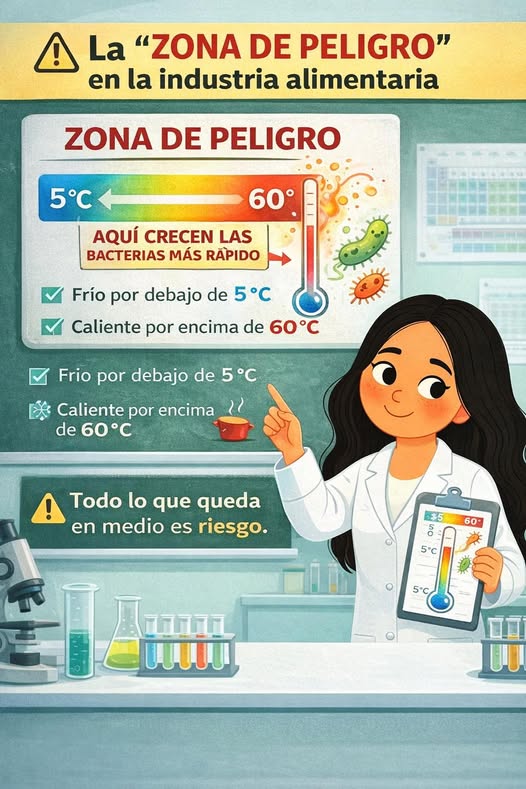 ⚠️ La “zona de peligro” en la industria alimentaria
La zona de peligro es el rango de temperatura donde las bacterias crecen más rápido y los alimentos se vuelven inseguros.
🔥❄️ Ocurre entre 5 °C y 60 °C.
En ese rango, los microorganismos pueden duplicarse en minutos, aunque el alimento:
Se vea bien
Huela normal
Y “sepa igual”
👉 Por eso, en la industria alimentaria el tiempo y la temperatura lo son todo.
Regla clave:
Frío por debajo de 5 °C
Caliente por encima de 60 °C
Todo lo que queda en medio… es riesgo.
La comida no avisa cuando ya es peligrosa.
La temperatura sí.
#ZonaDePeligro #SeguridadAlimentaria
#IndustriaAlimentaria #FoodSafety
#IngenieríaEnAlimentos #Inocuidad