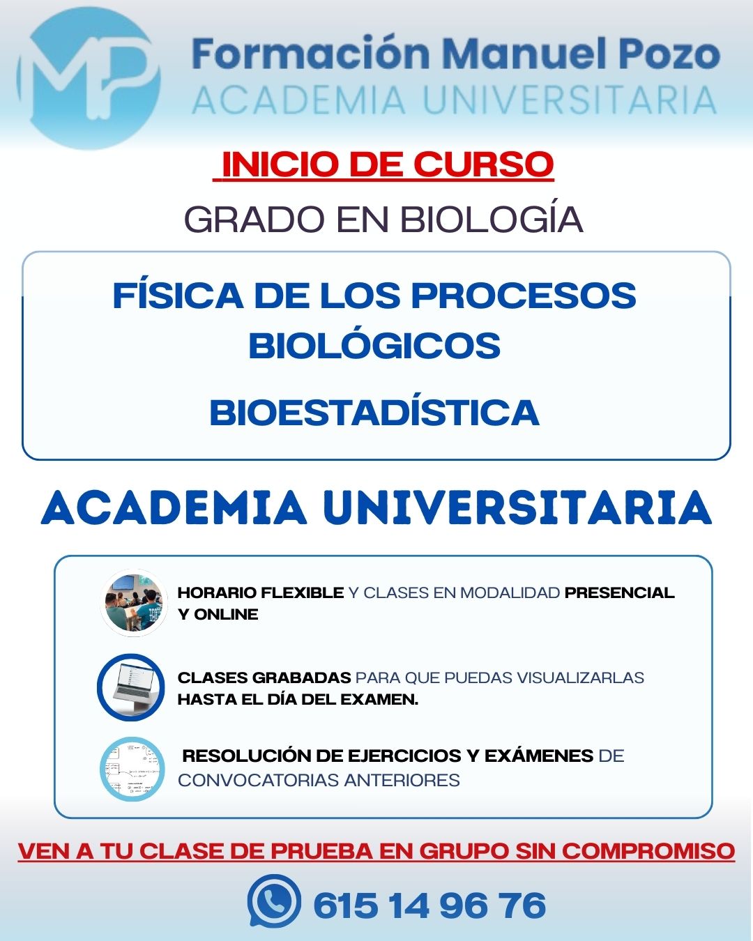 INICIO DE FÍSICA DE LOS PROCESOS BIOLÓGICOS
Resumen de cada tema.
Resolución de ejercicios y exámenes de convocatorias anteriores.
Clases grabadas hasta el día del examen.
Profesor a tu disposición en cualquier momento para dudas.
INFÓRMATE SIN COMPROMISO Y DA UNA CLASE DE PRUEBA EN GRUPO.