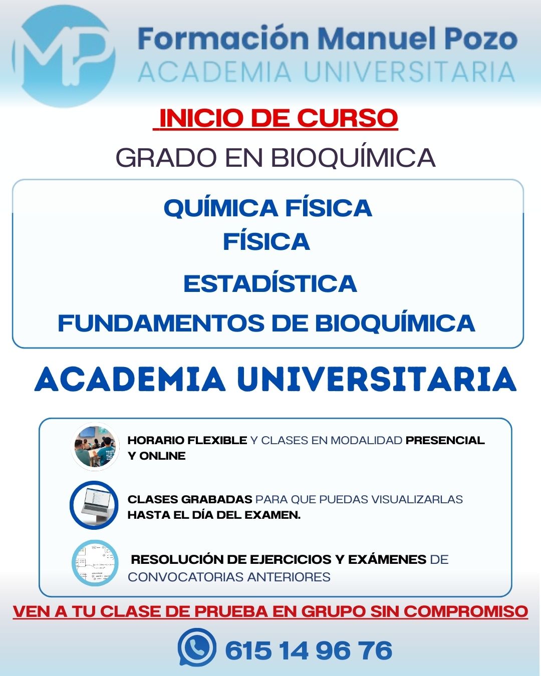 INICIO CURSO ESTADÍSTICA GRADO EN BIOQUÍMICA
Resumen de cada tema.
Resolución de ejercicios y exámenes de convocatorias anteriores.
Clases grabadas hasta el día del examen.
Profesor a tu disposición en cualquier momento para dudas.
INFÓRMATE SIN COMPROMISO Y DA UNA CLASE DE PRUEBA EN GRUPO.