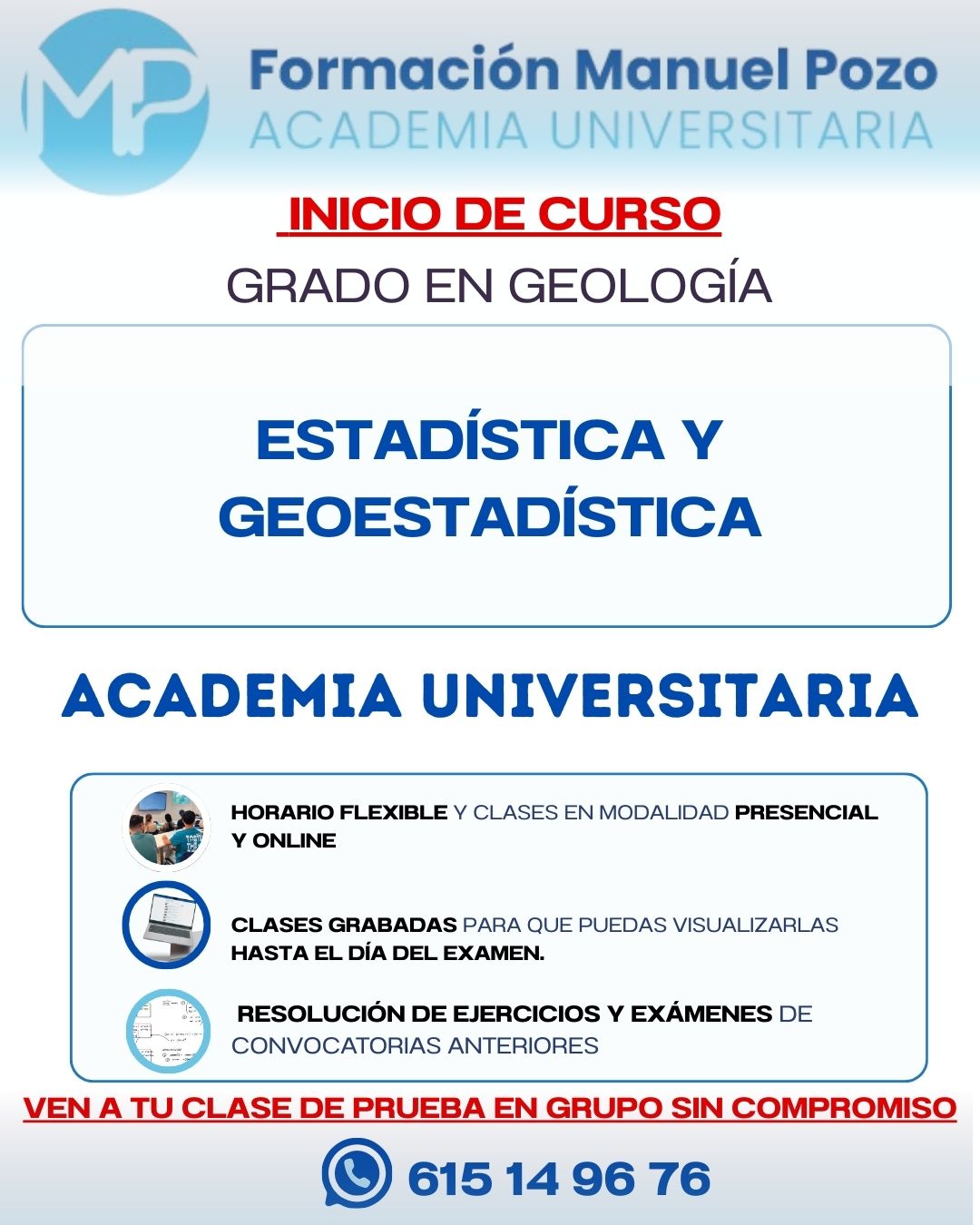 INICIO DE CURSO ESTADÍSTICA Y GEOESTADÍSTICA
Resumen de cada tema.
Resolución de ejercicios y exámenes de convocatorias anteriores.
Clases grabadas hasta el día del examen.
Profesor a tu disposición en cualquier momento para dudas.
INFÓRMATE SIN COMPROMISO Y DA UNA CLASE DE PRUEBA EN GRUPO.