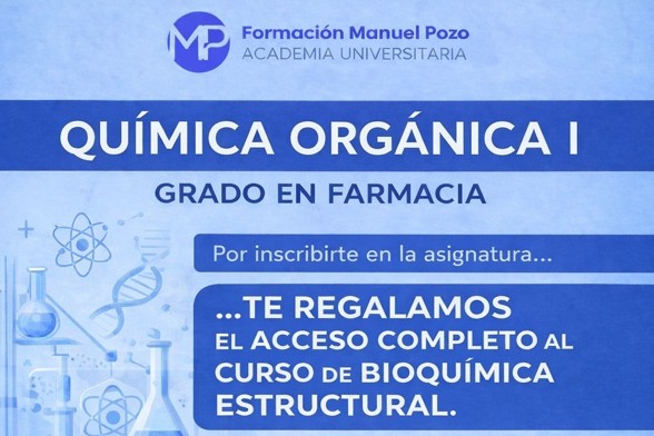 INICIO DE CURSO QUÍMICA ORGÁNICA I
¡CONSIGUE TU CURSO DE BIOQUÍMICA GRATUITO!
Resumen de cada tema.
Resolución de ejercicios y exámenes de convocatorias anteriores.
Clases grabadas hasta el día del examen.
Profesor a tu disposición en cualquier momento para dudas.
INFÓRMATE SIN COMPROMISO Y DA UNA CLASE DE PRUEBA EN GRUPO.