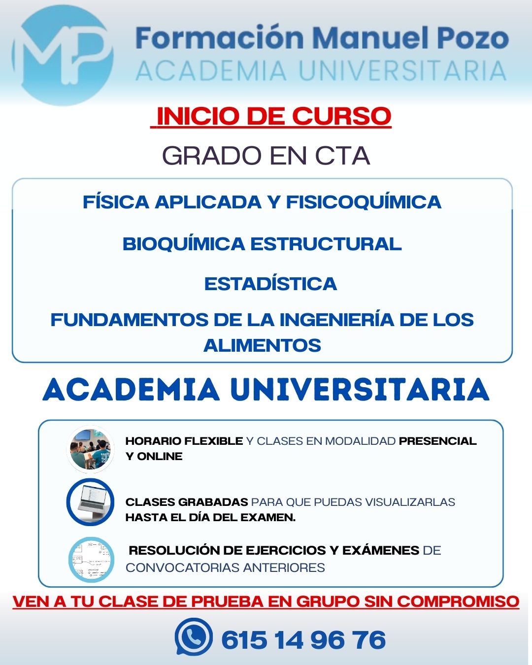 INICIO DE CURSO ESTADÍSTICA
Resumen de cada tema.
Resolución de ejercicios y exámenes de convocatorias anteriores.
Clases grabadas hasta el día del examen.
Profesor a tu disposición en cualquier momento para dudas.
INFÓRMATE SIN COMPROMISO Y DA UNA CLASE DE PRUEBA EN GRUPO.