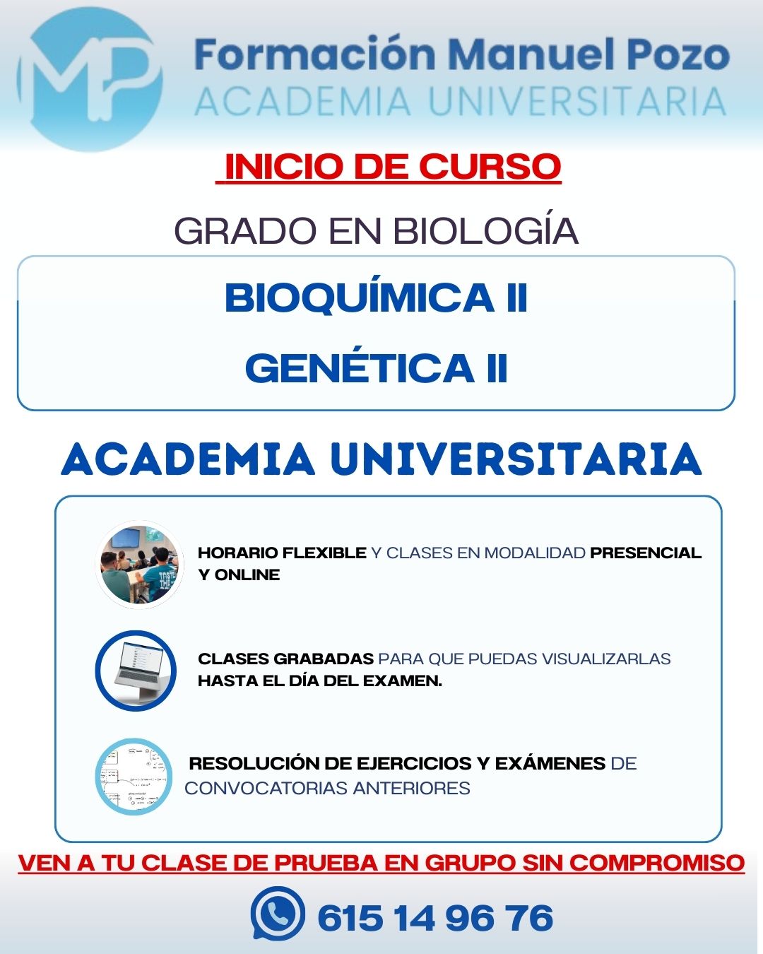 INICIO CURSO BIOQUÍMICA II: METABOLISMO
Resumen de cada tema.
Resolución de ejercicios y exámenes de convocatorias anteriores.
Clases grabadas hasta el día del examen.
Profesor a tu disposición en cualquier momento para dudas.
INFÓRMATE SIN COMPROMISO Y DA UNA CLASE DE PRUEBA EN GRUPO.