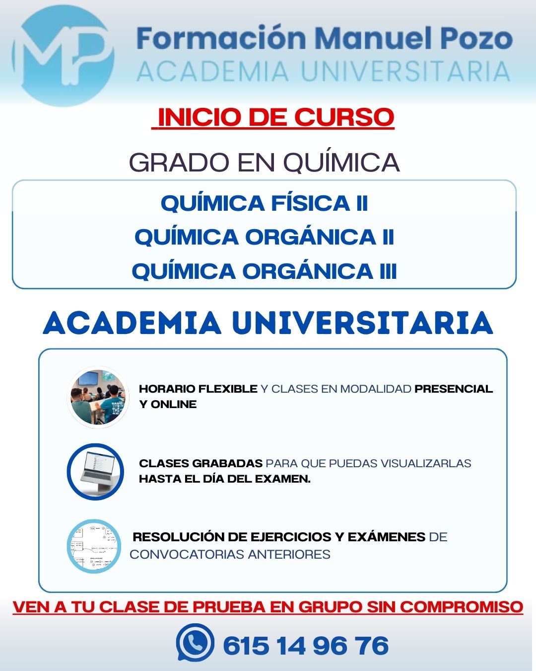INICIO CURSO QUÍMICA ORGÁNICA III
Resumen de cada tema.
Resolución de ejercicios y exámenes de convocatorias anteriores.
Clases grabadas hasta el día del examen.
Profesor a tu disposición en cualquier momento para dudas.
INFÓRMATE SIN COMPROMISO Y DA UNA CLASE DE PRUEBA EN GRUPO.
