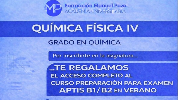 INICIO CURSO QUÍMICA FÍSICA IV
Resumen de cada tema.
Resolución de ejercicios y exámenes de convocatorias anteriores.
Clases grabadas hasta el día del examen.
Profesor a tu disposición en cualquier momento para dudas.
INFÓRMATE SIN COMPROMISO Y DA UNA CLASE DE PRUEBA EN GRUPO.