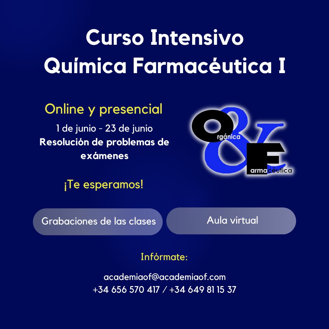 📚 CURSO INTENSIVO DE QUÍMICA FARMACÉUTICA I (UCM)
¿Estudias Farmacia en la UCM? Del 1 de junio al 23 de junio, apúntate al curso intensivo de Química Farmacéutica I y llega a junio con los conceptos claros.
🕤 Horario: de 9:30 a 12:00
🎥 Con grabaciones incluidas y aula virtual.
📩 Más info: academiaof@academiaof.com | 📱 +34 656 570 417