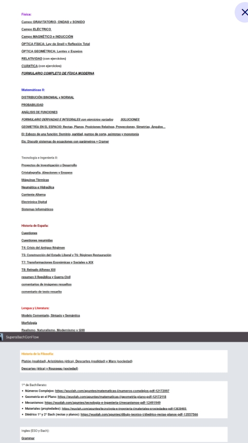 APUNTES y ESQUEMAS en mi página web
Hay de Física, Mates II, Tecno, Historia, Filo, Lengua, Inglés y Dibujo Técnico. 
Espero que os sirvan a tod@s!!!