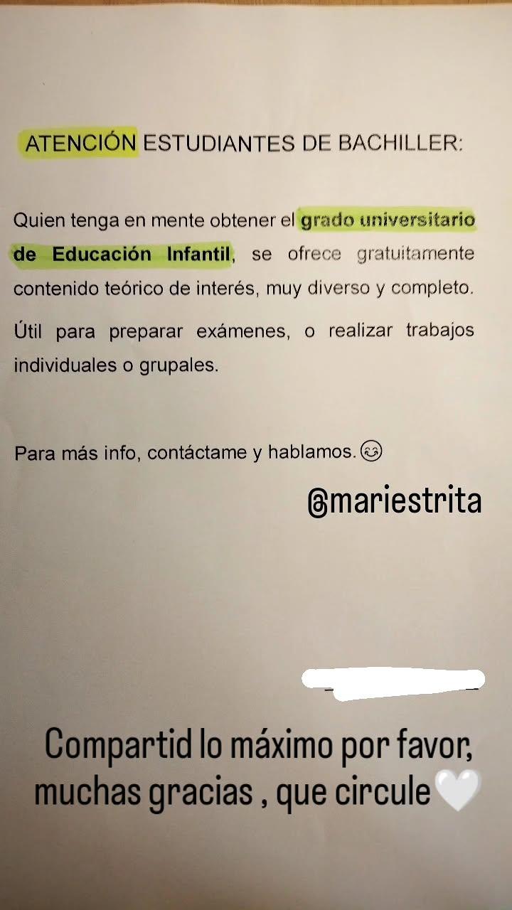 OFREZCO GRATIS APUNTES ENCUADERNADOS EN FISICO DE CASI TODAS LAS ASIGNATURAS DE EDUCACION INFANTIL PARA ESTUDIANTES DE UGR (PREFERIBLE PRIMER GRADO) SI TE INTERESA ESCRIBEME AL WHA O IG . TELF:655176489