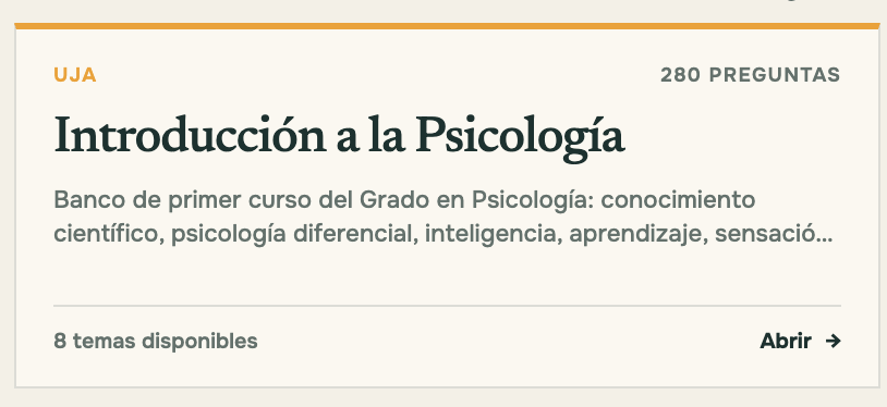 He creado quizzes(test) gratuitos con justificacion de INTRODUCCION A LA PSICOLOGÍA para estudiar mientras juegas: cada respuesta te hace progresar en un juego incremental que hice. Agregare más preguntas de esta asignatura si se me pidePuedes probarlos aquí: