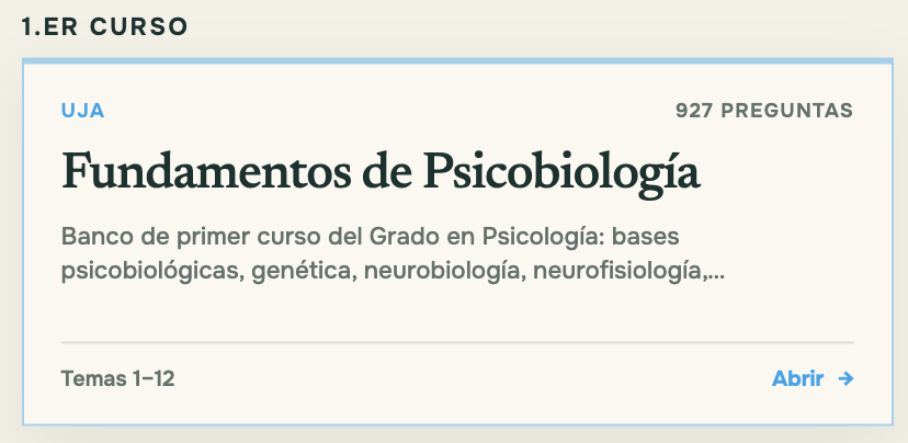 He creado quizzes(test) gratuitos con justificacion de FUNDAMENTOS DE LA PSICOBIOLOGIA para estudiar mientras juegas: cada respuesta te hace progresar en un juego incremental que hice. Agregare más preguntas de esta asignatura si se me pidePuedes probarlos aquí: