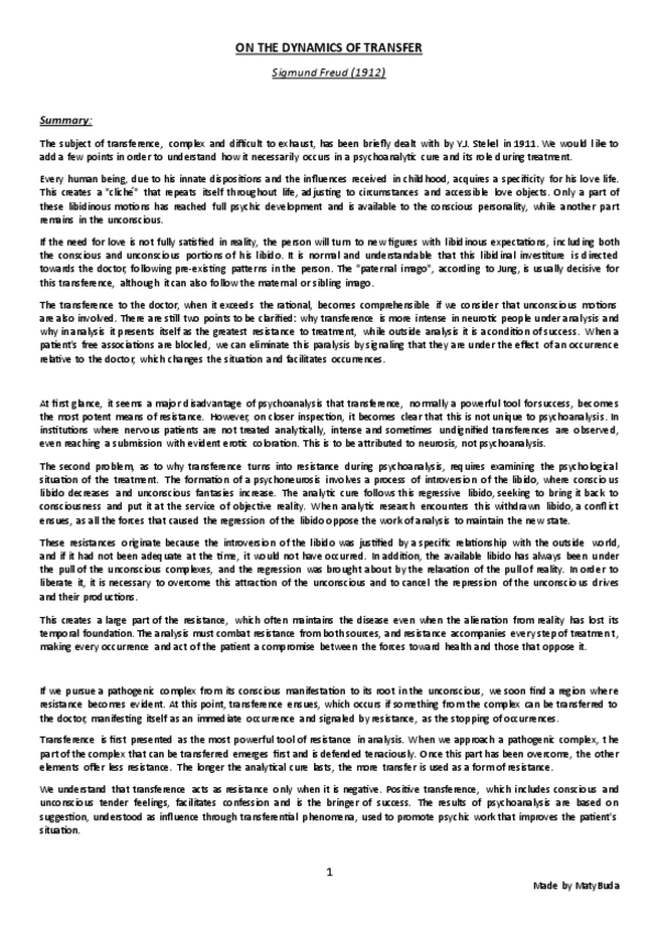 Summary of on the dynamics of transference by freud pdf