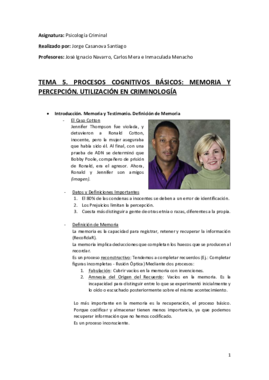 Tema 5 (Procesos Cognitivos Básicos Memoria y Percepción. Utilización en Criminología) - Psicología Criminal.pdf