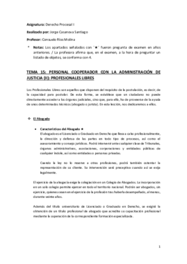 Tema 15 (Personal Cooperador con la Administración de Justicia (II). Profesionales Libres) - Derecho Procesal I.pdf