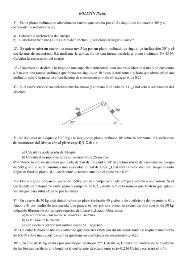 Plano inclinado boletin ejercicios pdf