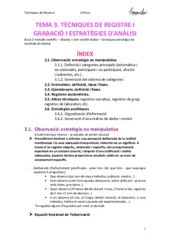 Tecniques de Recerca - TEMA 3 TÈCNIQUES DE REGISTRE I GRABACIÓ I ESTRATÈGIES D'ANÀLISI (Psicologia UB 1r).pdf