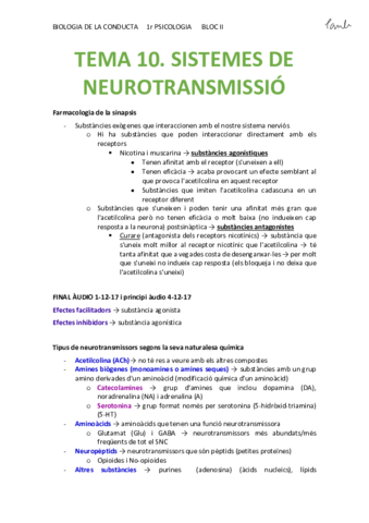 BIO - TEMA 10. SISTEMES DE NEUROTRANSMISSIÓ (Psicologia UB 1r).pdf