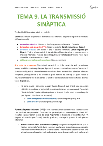 BIO - TEMA 9. LA TRANSMISSIÓ SINÀPTICA (Psicologia UB 1r).pdf