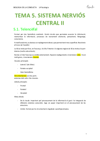 BIO - TEMA 5. SISTEMA NERVIÓS CENTRAL II (Psicologia UB 1r).pdf
